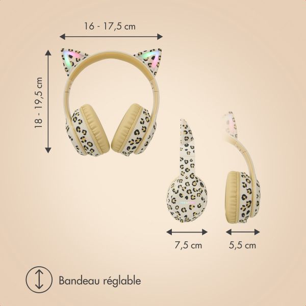 imoshion Édition Spéciale - Casque sans fil pour enfants avec imprimé léopard LED Light Cat Ear - Limiteur de décibels - Avec câble AUX - Léopard