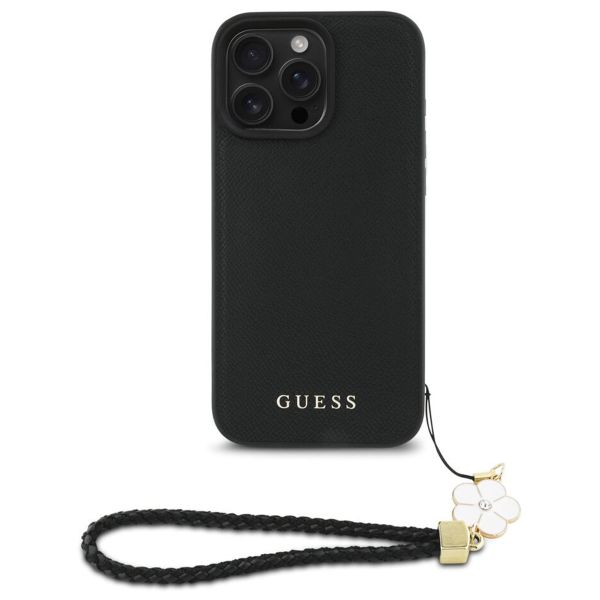 Guess Coque Grained MagSafe avec Flower Charm Strap iPhone 16 Pro Max - Noir