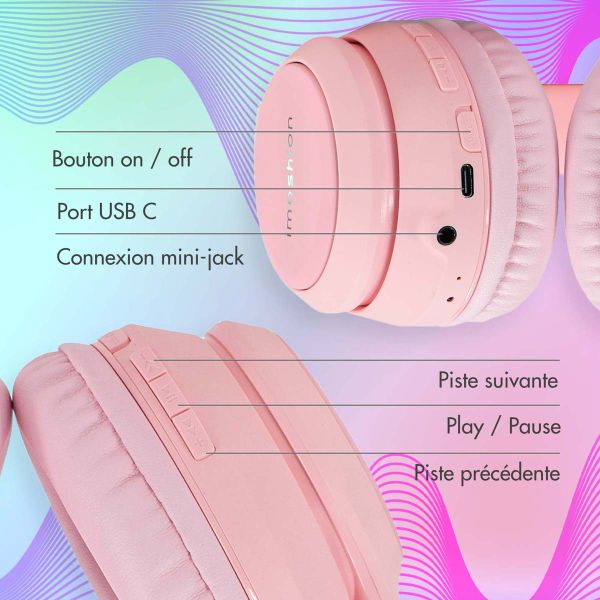 imoshion Casque sans fil pour enfants LED Light Cat Ear - Limiteur de décibels - Avec câble AUX - Rose