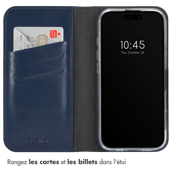 Selencia Étui de téléphone portefeuille en cuir véritable iPhone 16 Pro Max - Bleu