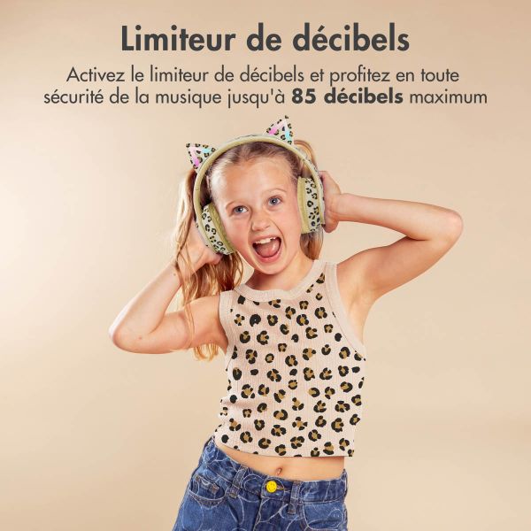 imoshion Casque pour enfants - Édition Spéciale - Bluetooth LED oreilles de chat - Casque sans fil + Câble AUX - Léopard