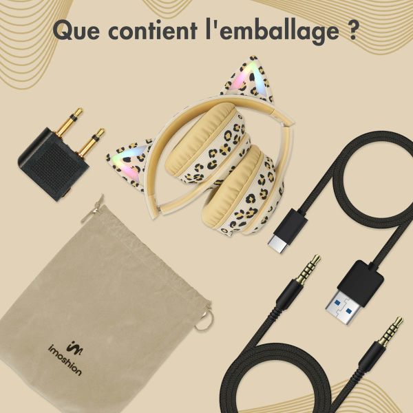 imoshion Édition Spéciale - Casque sans fil pour enfants avec imprimé léopard LED Light Cat Ear - Limiteur de décibels - Avec câble AUX - Léopard