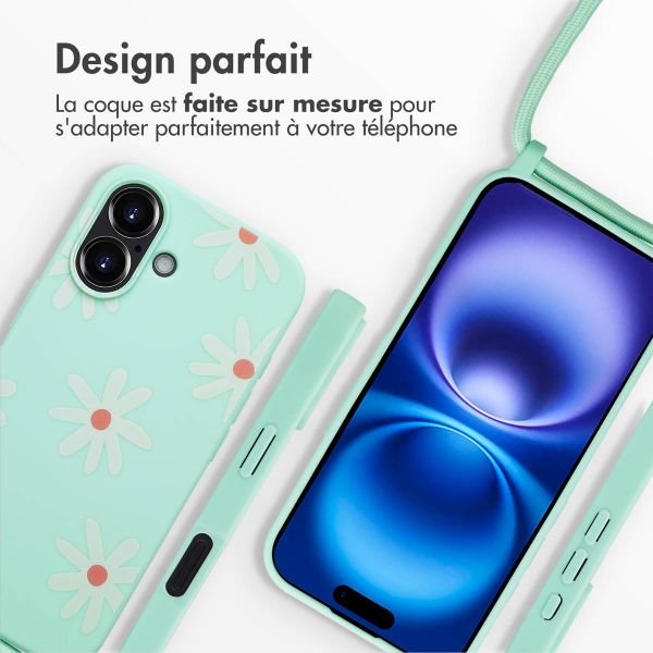 imoshion Coque design en silicone avec cordon Apple iPhone 16 - Green Flower Distance