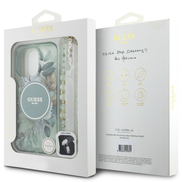 Guess MagSafe IML Flowers Case avec beads strap Apple iPhone 16 Pro - Green