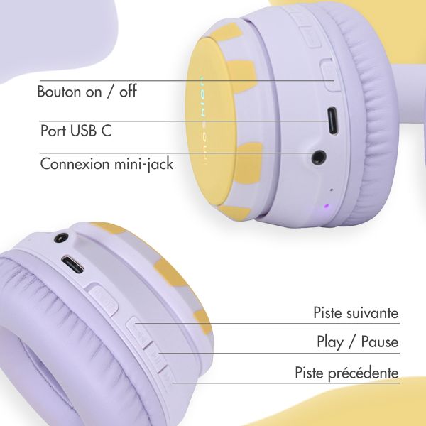imoshion Casque sans fil pour enfants Dino LED Light - Limiteur de décibels - Avec câble AUX - Lavender Lilac / Yellow