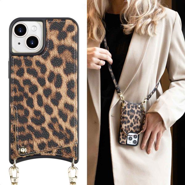 Selencia Coque arrière avec cordon et porte-cartes Nova iPhone 15 - Leopard