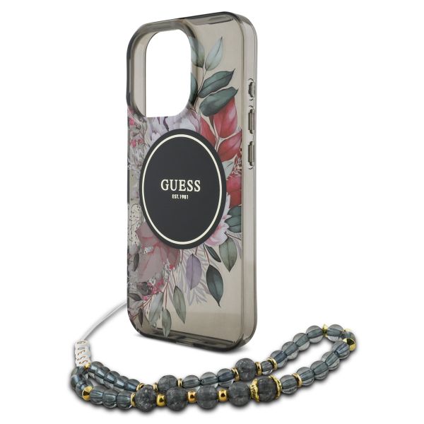 Guess MagSafe IML Flowers Case avec beads strap Apple iPhone 16 Pro - Noir