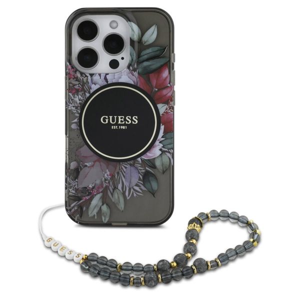 Guess MagSafe IML Flowers Case avec beads strap iPhone 15 Pro Max - Black