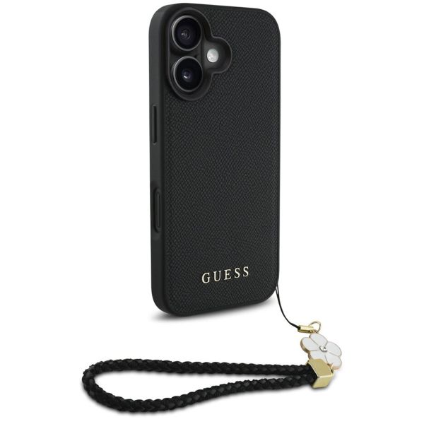 Guess Coque Grained MagSafe avec Flower Charm Strap Apple iPhone 16 - Noir