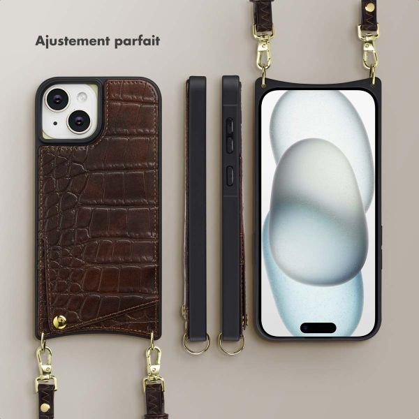 Selencia Coque de télephone Nova Croco avec cordon et porte-cartes Apple iPhone 15 - Choco Brown