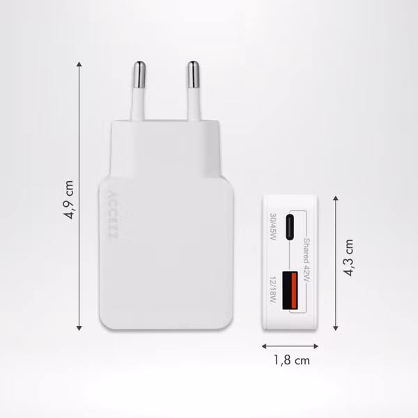 Accezz Chargeur GaN Ultra Slim - USB-C + USB-A - 45 W - Blanc
