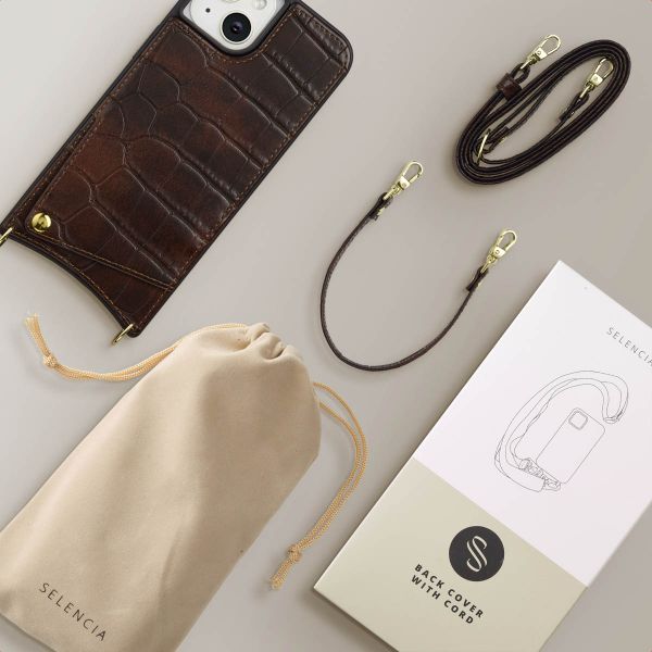 Selencia Coque de télephone Nova Croco avec cordon et porte-cartes Apple iPhone 14 / 13 - Choco Brown