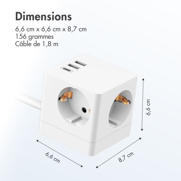 Accezz PowerCube Strip | 6-en-1 - 1x USB-C + 2x USB-A + 3x prise - 4000 watts - Blanc