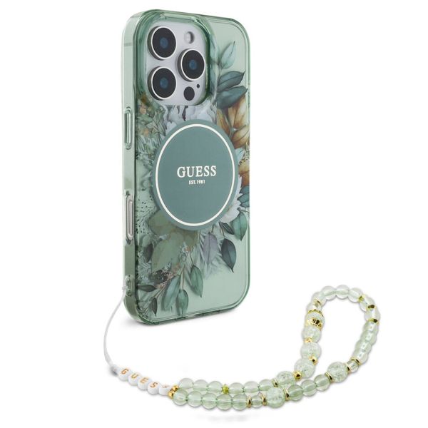Guess MagSafe IML Flowers Case avec beads strap Apple iPhone 16 Pro Max - Green
