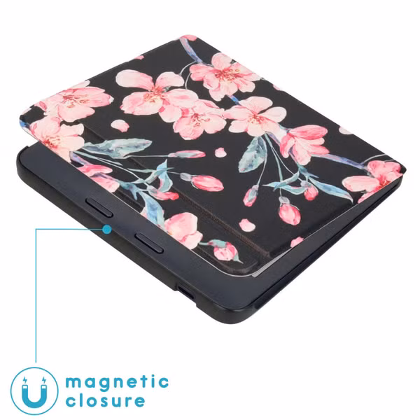 imoshion Design Slim Hard Sleepcover avec support Kobo Libra 2 / Tolino Vision 6 - Blossom Watercolor Black
