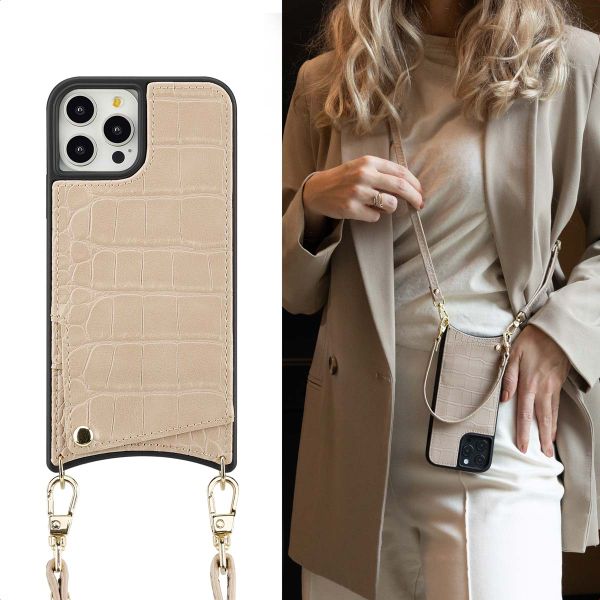 Selencia Coque de télephone Nova Croco avec cordon et porte-cartes Apple iPhone 12 (Pro) - Beige