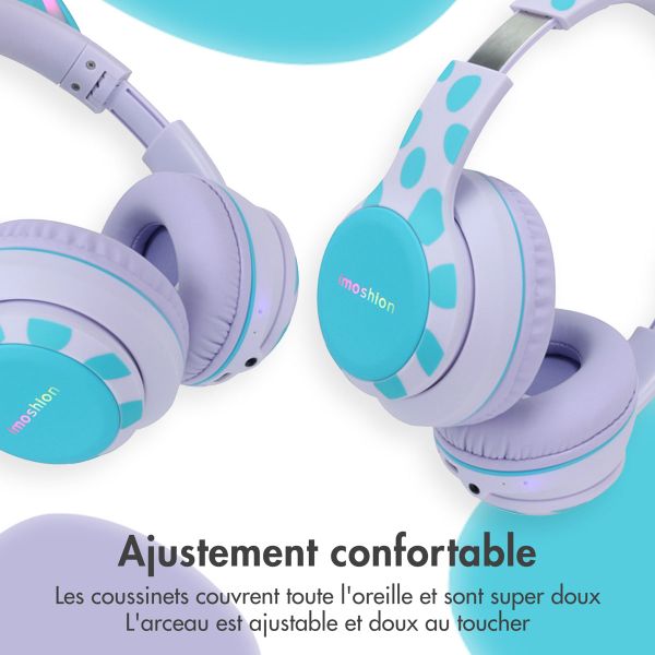 imoshion Kids Unicorn LED Light Bluetooth Casque - Casque pour enfants avec limiteur de décibels - Casque sans fil + câble AUX - Lavender Lilac / Soft Blue