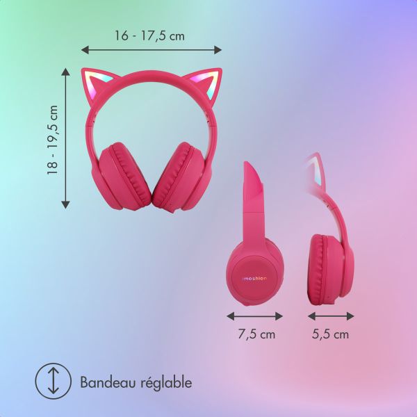 imoshion Casque sans fil pour enfants LED Light Cat Ear - Limiteur de décibels - Avec câble AUX - Hot Pink