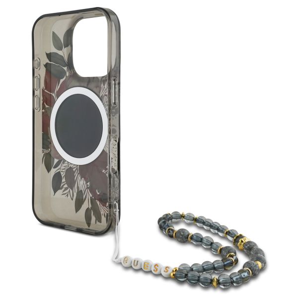 Guess MagSafe IML Flowers Case avec beads strap Apple iPhone 16 Pro - Noir