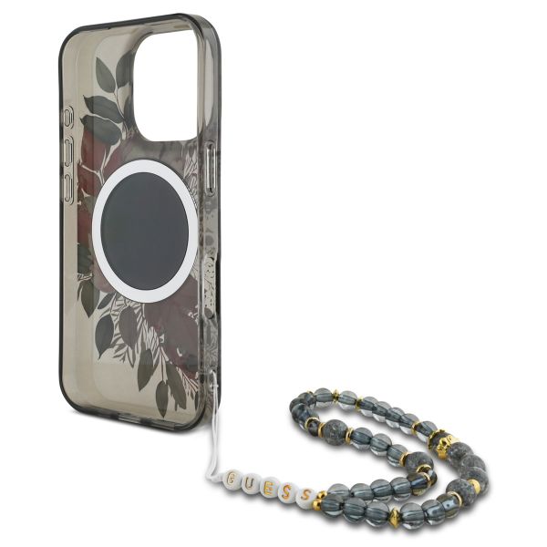 Guess MagSafe IML Flowers Case avec beads strap iPhone 16 Pro - Black