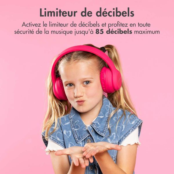 imoshion Casque pour enfants Bluetooth LED - Casque sans fil avec limiteur de décibels + Câble AUX - Hot Pink