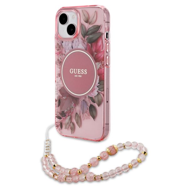 Guess MagSafe IML Flowers Case avec beads strap iPhone 15 - Pink