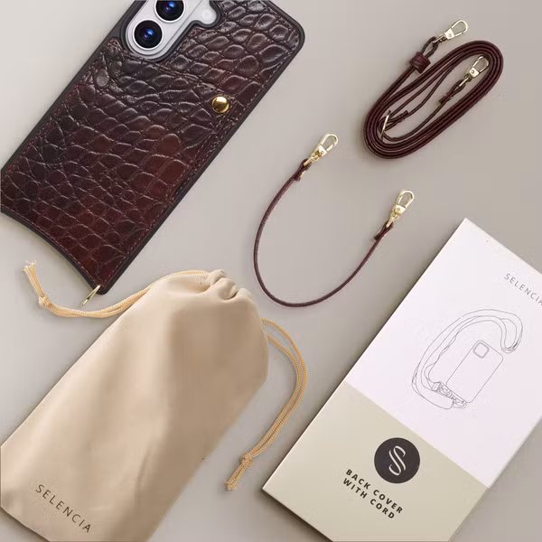 Selencia Coque de télephone Nova Croco avec cordon et porte-cartes Samsung Galaxy S26 Ultra - Choco Brown