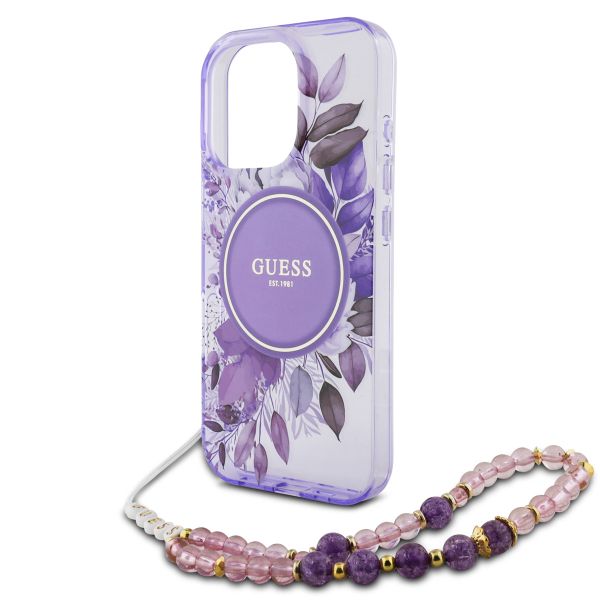 Guess MagSafe IML Flowers Case avec beads strap iPhone 15 Pro - Purple