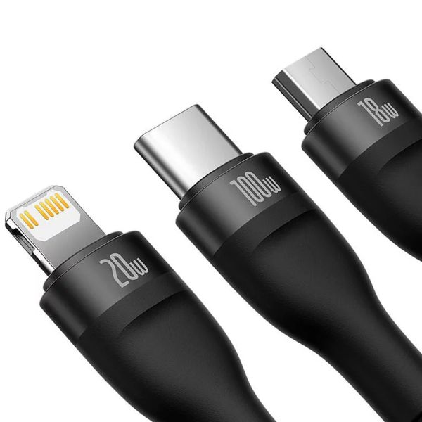 Baseus Flash Series 2 câble de charge rapide 3 en 1 - USB-A vers USB-C / Lightning / Micro-USB - 100 Watt - 1,2 mètres - Noir