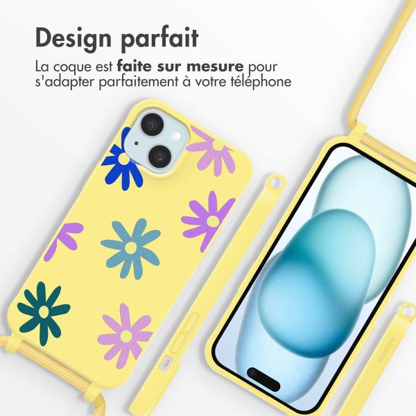 imoshion Coque design en silicone avec cordon Apple iPhone 15 - Yellow Flower Distance