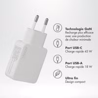 Accezz Chargeur GaN Ultra Slim - USB-C + USB-A - 45 W - Blanc
