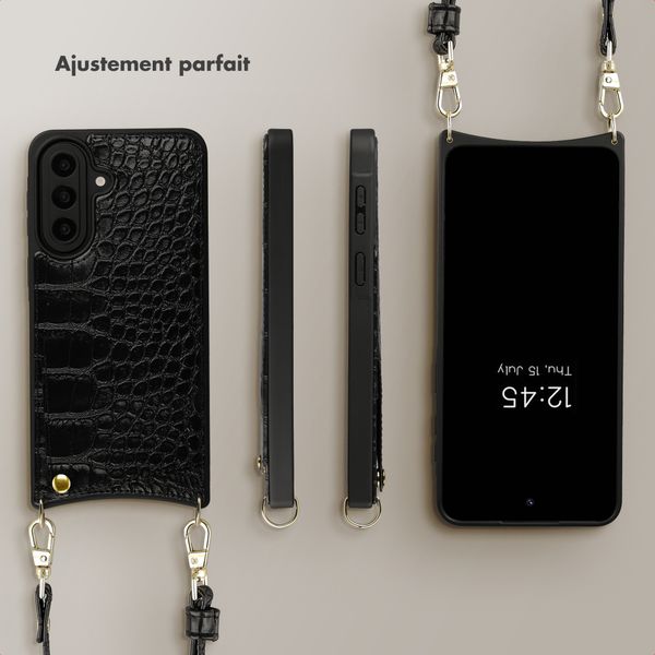 Selencia Coque de télephone Nova Croco avec cordon et porte-cartes Samsung Galaxy A57 (5G) - Noir