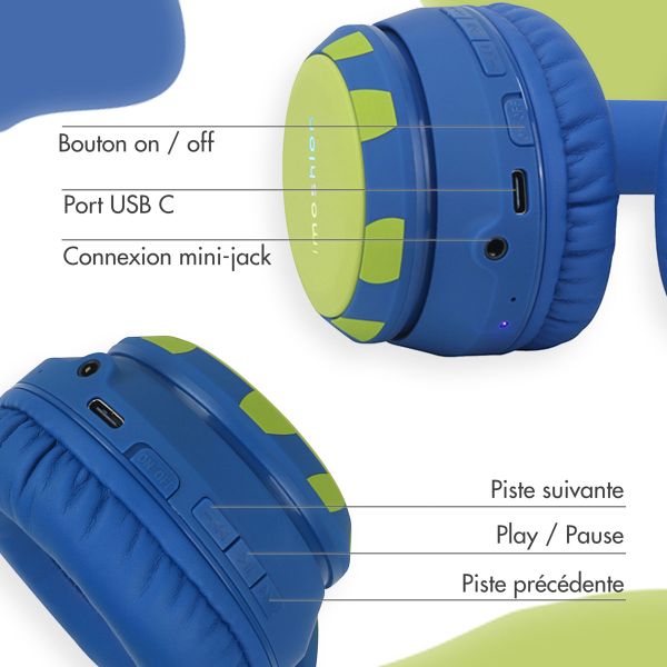 imoshion Casque sans fil pour enfants Dino LED Light - Limiteur de décibels - Avec câble AUX - Cobalt Blue / Lime