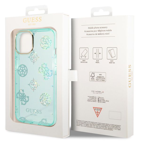 Guess Coque Peony Glitter iPhone 14 - Turquoise