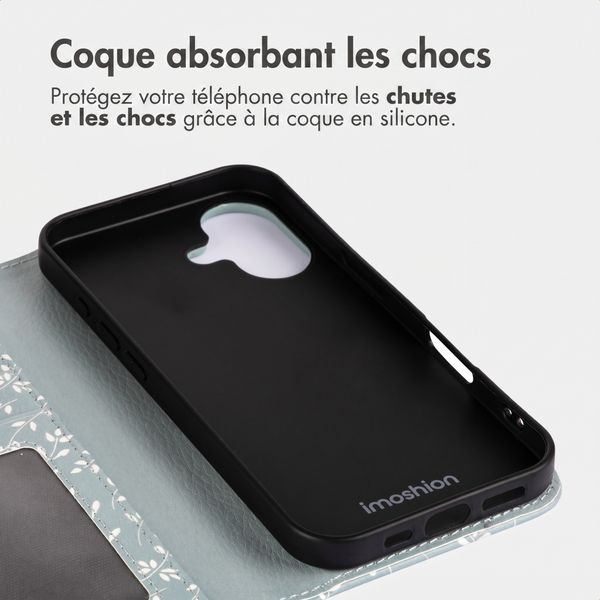 imoshion Étui de télephone portefeuille Design Apple iPhone 16 - Smoke Green Flowers