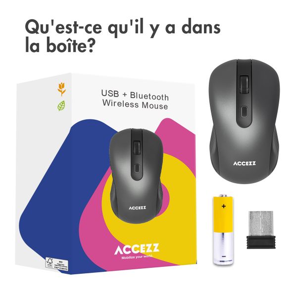 Accezz Souris sans fil - Bluetooth / Adaptateur USB-A - Gris