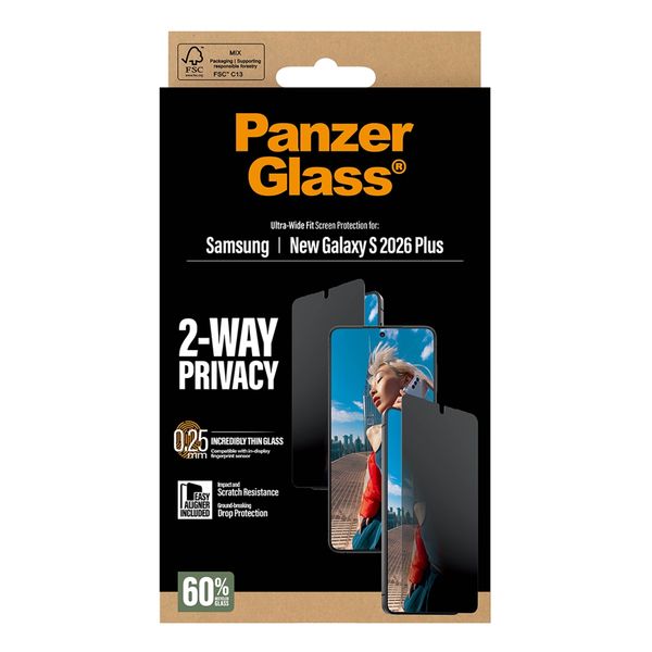 PanzerGlass Protection d'écran Privacy Ultra-Wide Fit Anti-bactérienne avec applicateur Samsung Galaxy S26 Plus