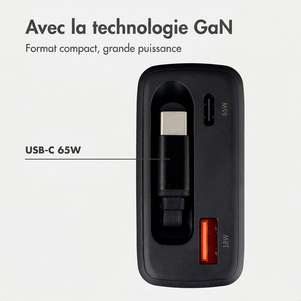 imoshion Chargeur GaN avec câble USB-C rétractable 65W - USB-A + USB-C - Noir