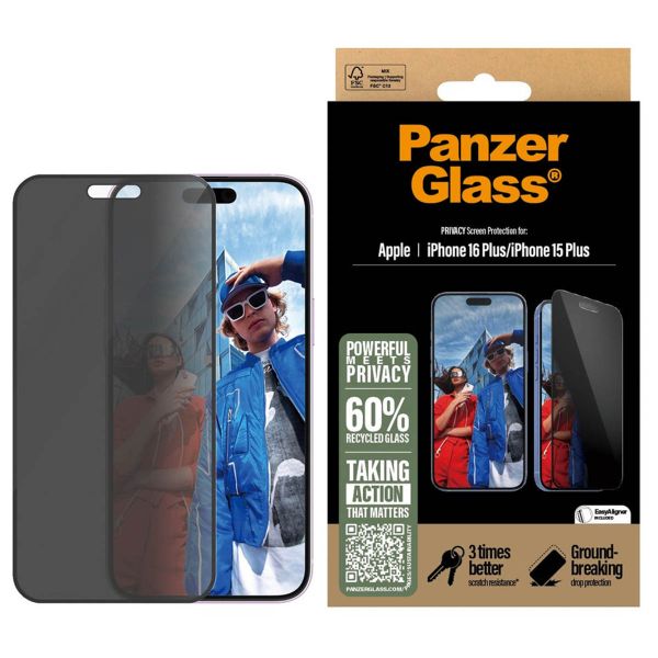 PanzerGlass Protection d'écran Privacy Ultra-Wide Fit Anti-bactérienne avec applicateur Apple iPhone 16 Plus