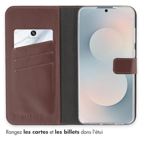 Selencia Étui portefeuille en cuir véritable Samsung Galaxy S25 FE - Marron foncé