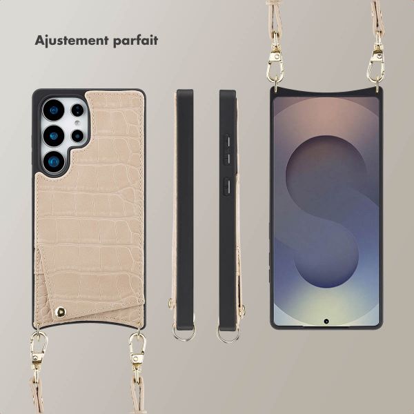 Selencia Coque de télephone Nova Croco avec cordon et porte-cartes Samsung Galaxy S25 Ultra - Beige