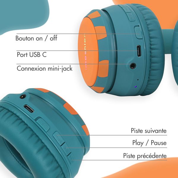 imoshion Casque sans fil pour enfants Dino LED Light - Limiteur de décibels - Avec câble AUX - Petrol Green / Orange