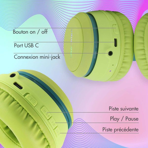 imoshion Casque pour enfants Bluetooth LED - Casque sans fil avec limiteur de décibels + Câble AUX - Petrol Green / Lime