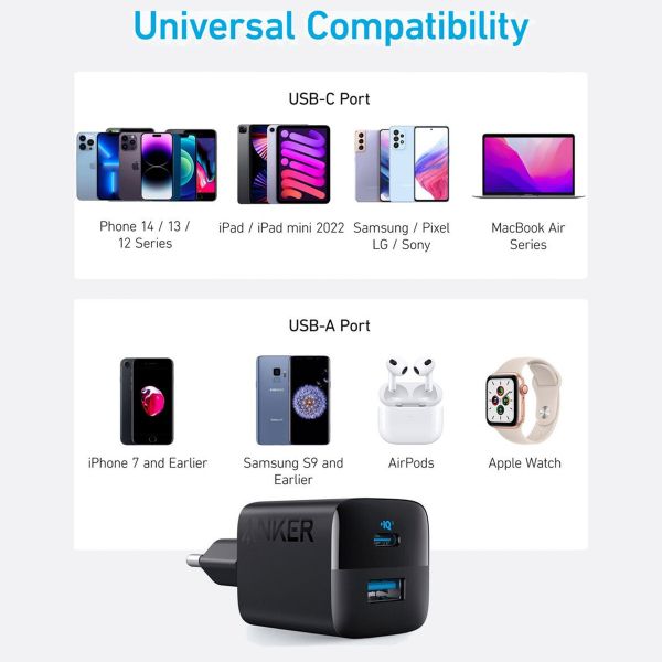 Anker Chargeur mural 323 | Chargeur rapide 33 Watt - USB-A + USB-C - Noir