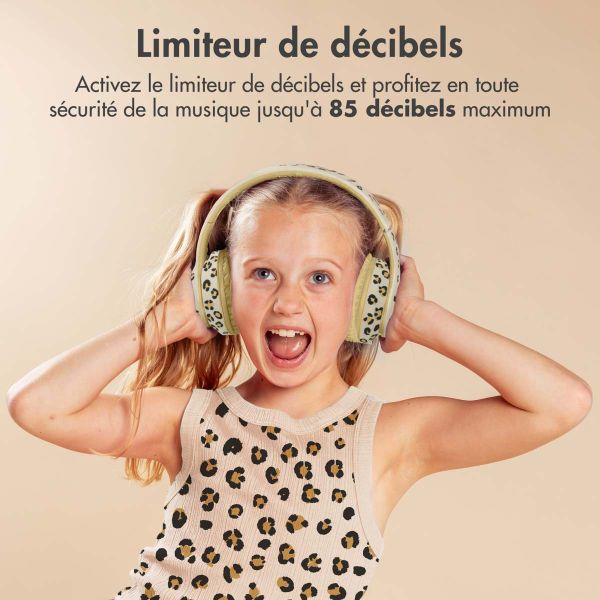 imoshion Édition Spéciale - Casque sans fil pour enfants avec imprimé léopard LED Light - Limiteur de décibels - Avec câble AUX - Léopard
