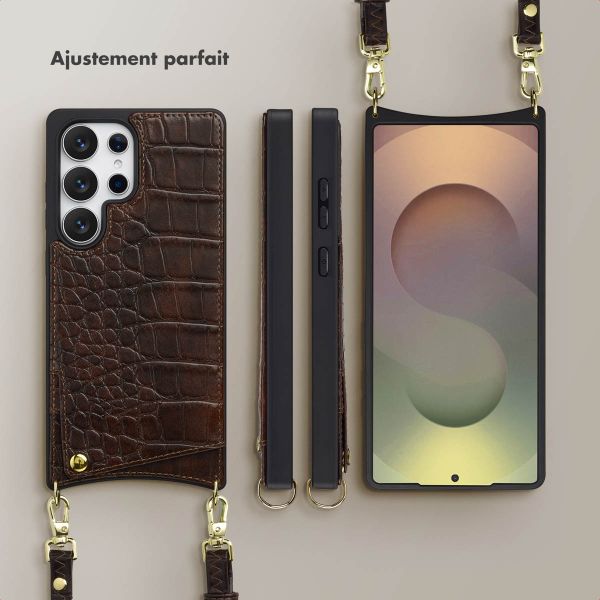 Selencia Coque de télephone Nova Croco avec cordon et porte-cartes Samsung Galaxy S25 Ultra - Choco Brown