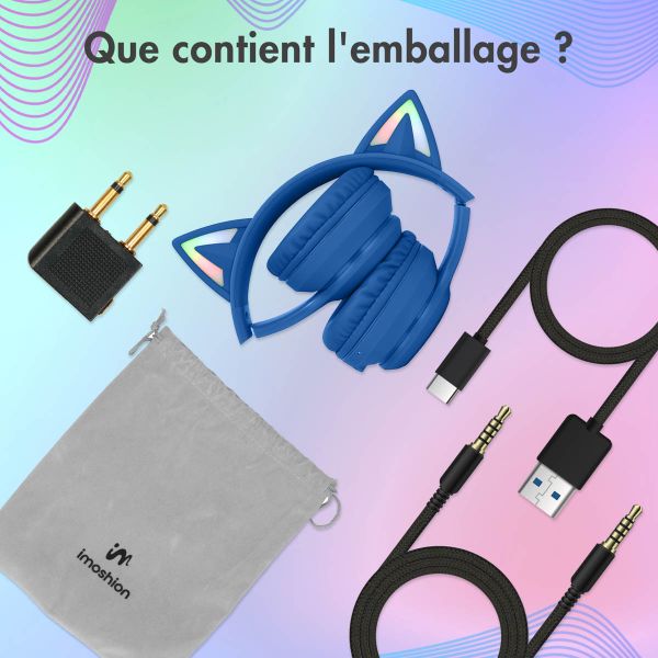 imoshion Casque pour enfants Bluetooth LED oreilles de chat - Casque sans fil + Câble AUX - Cobalt Blue