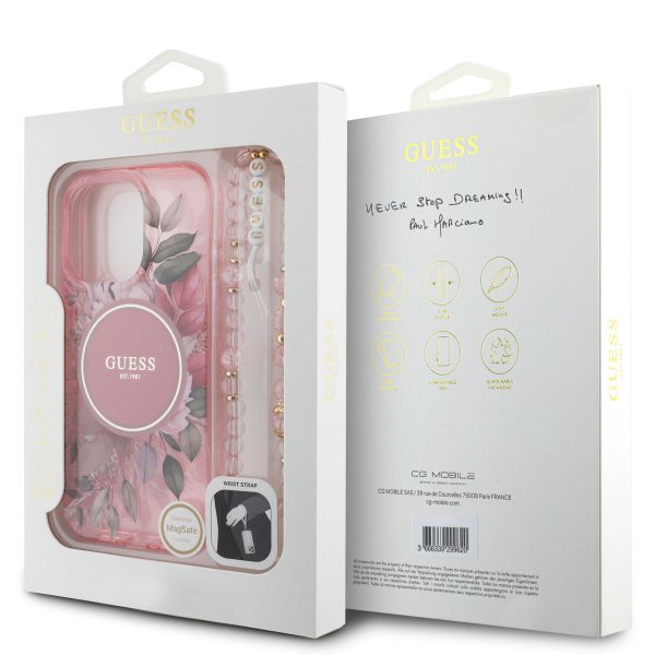 Guess MagSafe IML Flowers Case avec beads strap iPhone 15 Pro - Pink