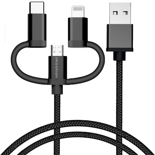 imoshion Câble 3-en-1 - Câble Lightning, USB-C et Micro-USB - Tissu tressé - 1,5 mètres - Noir