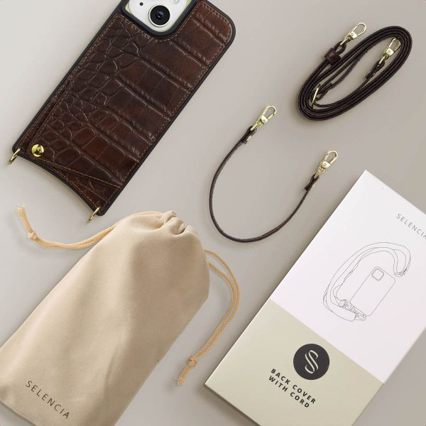 Selencia Coque de télephone Nova Croco avec cordon et porte-cartes Apple iPhone 15 - Choco Brown